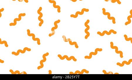 White background with yellow pasta in memphis style, seamless pattern with spiral macaroni, doodle vector illustration for menu. Stock Vector