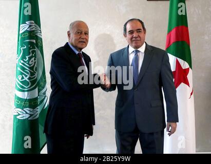 Algiers. 1st Mar, 2020. Algerian Foreign Minister Sabri Boukadoum (R) meets with visiting Arab League (AL) Secretary-General Ahmed Aboul Gheit in Algiers, Algeria, Feb. 29, 2020. Credit: Xinhua/Alamy Live News Stock Photo