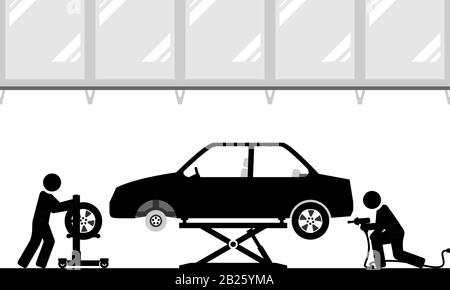 Qualified workers are changing tires on a raised car. Stock Vector