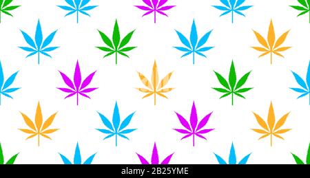 Seamless pattern with colorful leaves of marijuana, white background with cannabis. Vector illustration Stock Vector