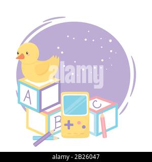 kids zone, alphabet blocks duck video game and toys vector illustration Stock Vector