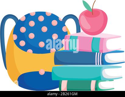 back to school stacked books apple and backpack cartoon vector illustration Stock Vector