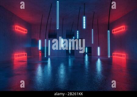 3d rendering of concrete background with illuminated hanging led panels cubic red lights Stock Photo