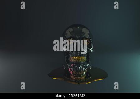 3d rendering of black glossy skull with golden teeth and gold stones in the eye socket Stock Photo