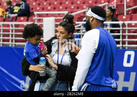 St. Louis. 29th Feb, 2020. St. Louis Battlehawks player talking with family before between the St. Louis Battlehawks and the Seattle Dragons XFL football game, Saturday, Feb. 29, 2020, in St. Louis, Mo. The Battlehawks defeated the Dragons 23-16. Credit: European Sports Photographic Agency/Alamy Live News Stock Photo