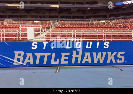 St. Louis. 29th Feb, 2020. St. Louis Battlehawks Banner at the Dome between the St. Louis Battlehawks and the Seattle Dragons during an XFL football game, Saturday, Feb. 29, 2020, in St. Louis, Mo. The Battlehawks defeated the Dragons 23-16. Credit: European Sports Photographic Agency/Alamy Live News Stock Photo