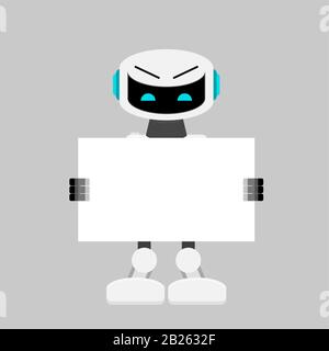 Robot hold white banner, ai character. Vector robot cyborg, robotic with billboard, mechanism intelligence illustration Stock Vector
