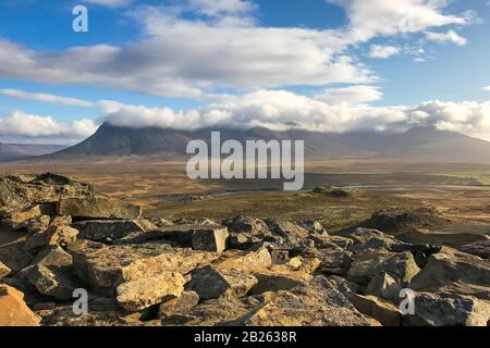 Borgarvirki castle in Iceland view from top over valley during sunny day Stock Photo