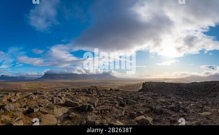 Borgarvirki castle in Iceland panorama from top over stone walls and valley Stock Photo