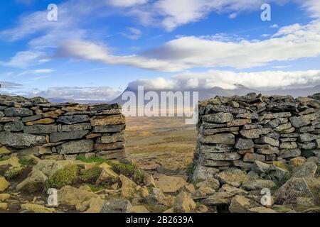 Borgarvirki mountain castle in Iceland view from top through stone wall over wide valley Stock Photo