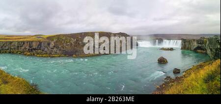 Godafoss waterfall in Iceland panorama of plunge pool turquoise water in autumn Stock Photo