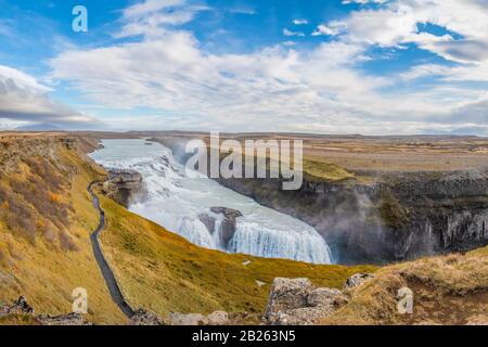 Gullfoss waterfall in Iceland full panorama over one the the biggest waterfalls in the world Stock Photo