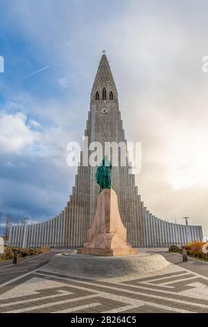 Reykjavik in Iceland Hilgrimskirkja Hilgims church during beautiful sunny day Stock Photo