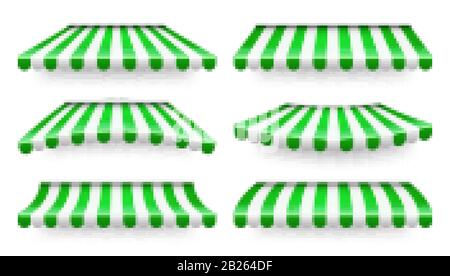 Realistic striped shop sunshade. Store awning. Shop tent isolated set ...