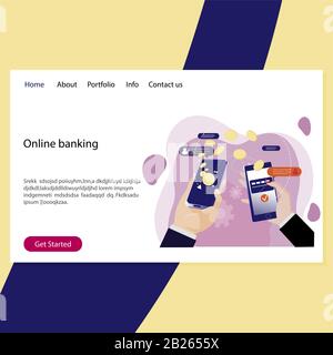 Online banking landing page, finance operations. Vector security payment, homepage landing commerce bank for business and private using illustration Stock Vector