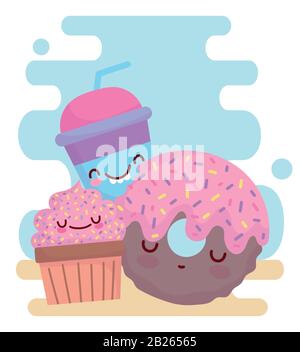 donut cupcake and smoothie cup menu character cartoon food cute vector illustration Stock Vector