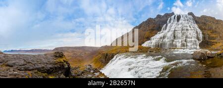 West fjords of Iceland Dynjandi waterfall panorama of fall during sunny weather Stock Photo