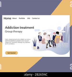 Addiction treatment, group therapy landing page. Psychotherapy session for addiction people, group counseling, doctor medical with patients Stock Vector