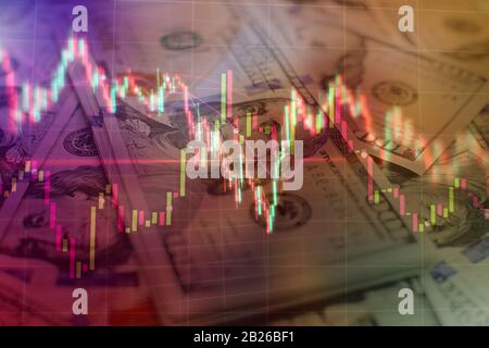 Charts of financial instruments with various type of indicators including volume analysis for professional technical analysis on the monitor of a comp Stock Photo