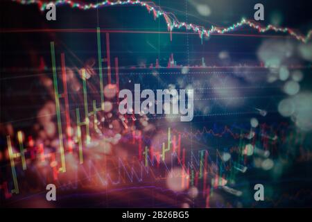 Charts of financial instruments with various type of indicators including volume analysis for professional technical analysis on the monitor of a comp Stock Photo