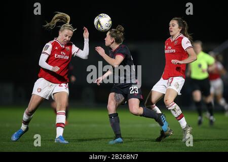 Beth Mead of Arsenal and Rachel Rowe of Reading during Arsenal Women vs Reading FC Women, FA Women's Continental League Cup Football at Meadow Park on Stock Photo