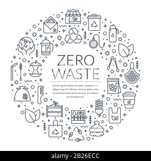 Zero waste banner with line icons and place for text. Template for recycling, reusable items, save the Planet and eco lifestyle themes. Stock Vector