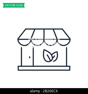 Eco store line icon isolated on a white background. Organic shop concept. Outline symbol. Vector. Stock Vector