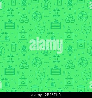 Zero waste seamless pattern with line icons. Monochrome green background. Waste recycling, reusable items, eco lifestyle, caring for the environment. Stock Vector