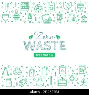 Zero waste web banner with line icons isolated on white background. Recycling, reusable items, save the Planet and eco lifestyle themes. Vector. Stock Vector