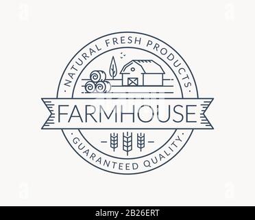 Farm logo isolated on white background. Black line emblem with farmhouse, wheat ear and hay bales. Vector outline badge for natural products. Stock Vector