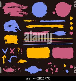 Paint brush strokes, grunge stains and symbols isolated on black background. Colored vector design elements for paintbrush texture, frame, background. Stock Vector