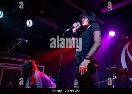 Manchester, UK. 29th February 2020. Singer Gabriette Bechtel, guitarist Chloe Chaidez, bassist Georgia Somary and drummer Debbie Knox-Hewson of the band Nasty Cherry perform at the Manchester  Academy 3  on their  UK tour, Manchester 2020-02-29 . Credit:  Gary Mather/Alamy Live News Stock Photo