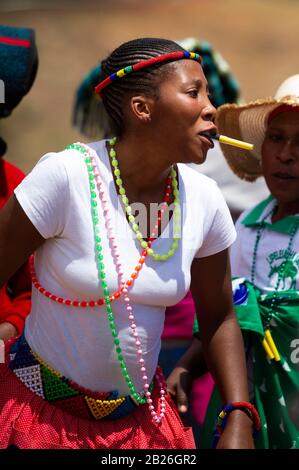 Woman dancing at an initiation ceremony, near Pitseng (Leribe), Lesotho Stock Photo