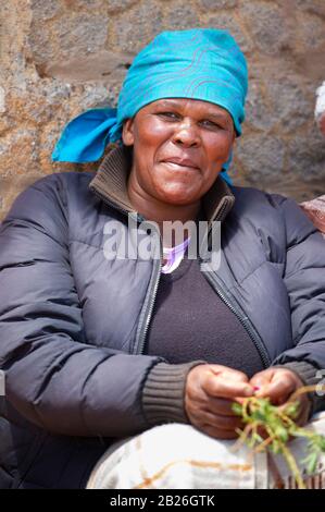 Basotho woman near Pitseng (Leribe), Lesotho Stock Photo