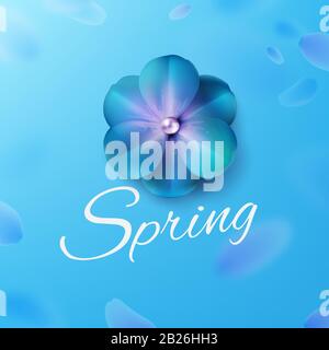 Hello, hi spring blue background stock vector illustration. Realistic flower. Templates for placards, banners, flyers, presentations, reports Stock Vector