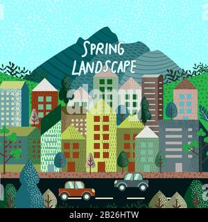 Vector cartoon illustration in simple minimal geometric flat style - city landscape with buildings, hills and trees Stock Vector
