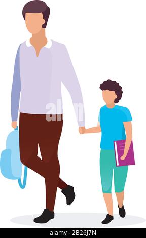 Father with son flat vector illustration. Older and younger brothers walking and holding hands cartoon characters. Teenage and preteen schoolchildren Stock Vector