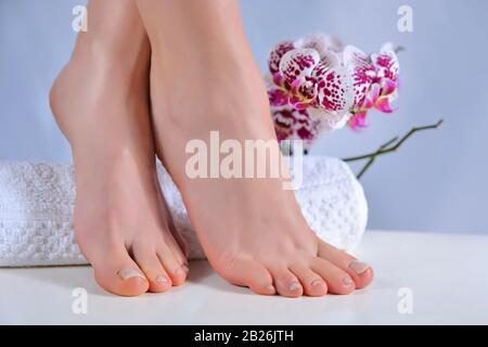 Young female feet with natural color pedicure on nails and purple orchid flower decoration. Women legs and foot on a towel in beauty and spa salon Stock Photo