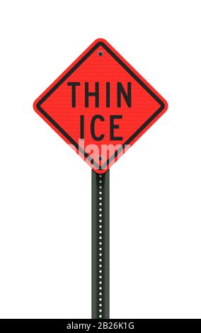 Vector illustration of the Thin Ice orange danger sign on metallic post Stock Vector