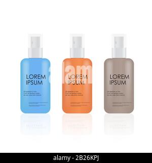 set colorful plastic spray bottles for cosmetic beauty spa products realistic packages collection natural cosmetology skincare packaging branding skin treatment concept vector illustration Stock Vector