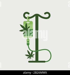 container with medical cannabis antibiotic intravenous infusion of medication marijuana leaf drug consumption medicine healthcare concept vector illustration Stock Vector