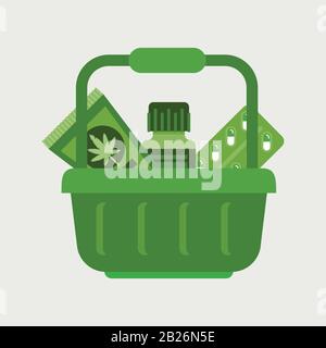 basket with cbd products medical cannabis or marijuana ganja legalize drug consumption concept vector illustration Stock Vector