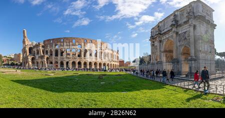 Rome.  Colosseum and  Triumphal Historic Arco di Costantino (Arch of Constantine) Stock Photo