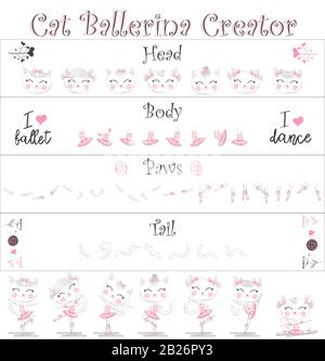 Cat ballerina creator. A set of elements for creating cats-ballerinas. Heads, tails, bodies, paws. Pink, delicate ballet Stock Vector