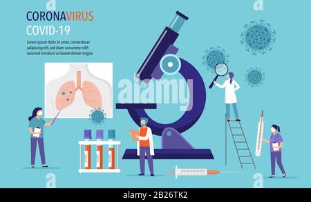 Coronavirus 2019-nCoV scene - research and development of medication. Group of scientists, doctors working in laboratory. Vector illustration Stock Vector