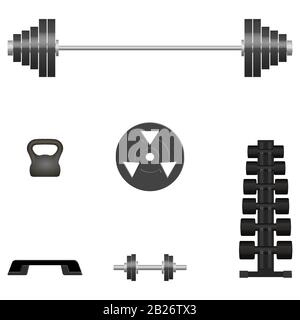 Set of 3D sports equipment items. Elements design for gym and fitness room. Front view, vector illustration. Stock Vector
