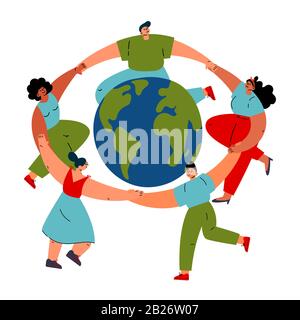 Diverse people is dancing around the Earth globe Stock Vector