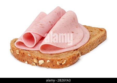 Salami slices and bread slice isolated on white background Stock Photo