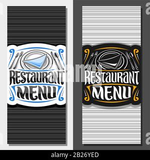 Vector layouts for Restaurant Menu, decorative brochure with illustration of dish with napkin and silverware set top view, creative brush typeface for Stock Vector