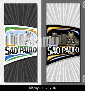 Vector layouts for Sao Paulo, invitation with line illustration of contemporary sao paulo city scape on day and dusk sky background, art design touris Stock Vector